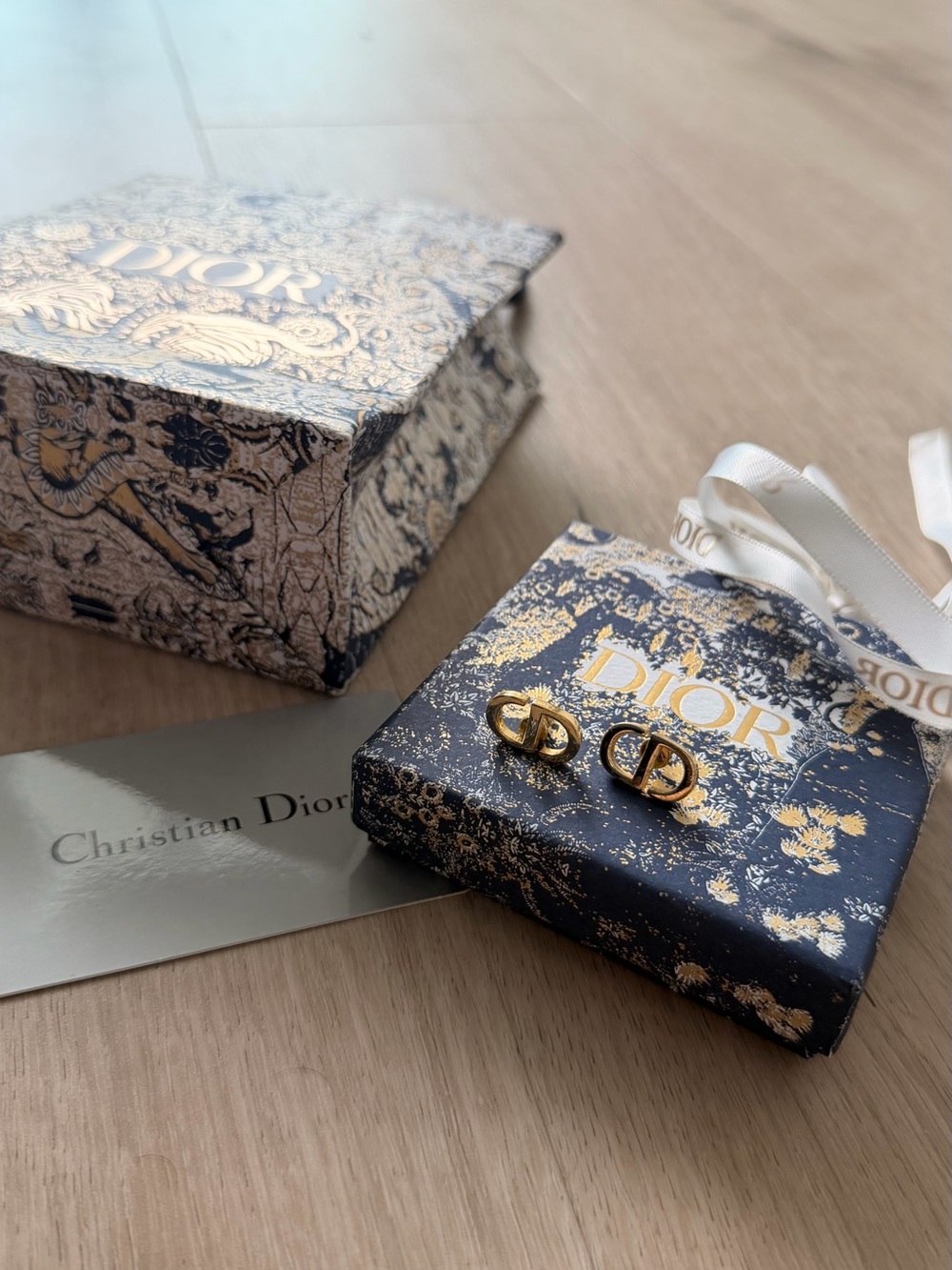 Dior Gold CD Logo Cufflinks on Navy & Gold Box